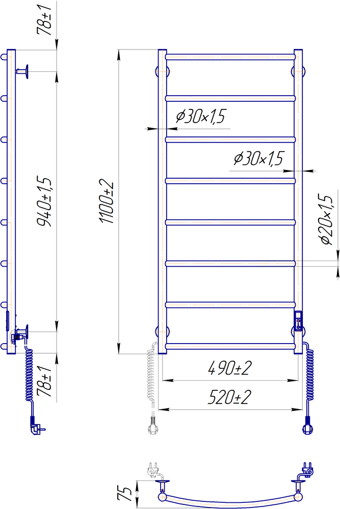 Полотенцесушитель электрический Классик НР-I 1090х530/85 TR К