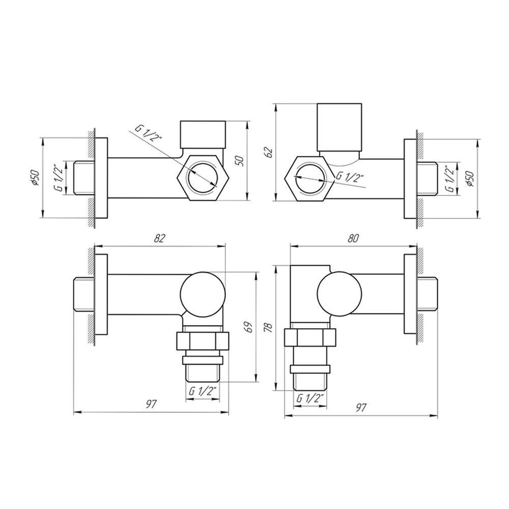 Кран угловой под ТЭН, 1/2"х1/2", под золото, 2 шт