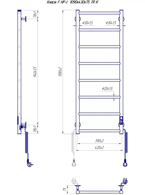 Полотенцесушитель электрический Классик F НР-I 1090х430/75 TR K