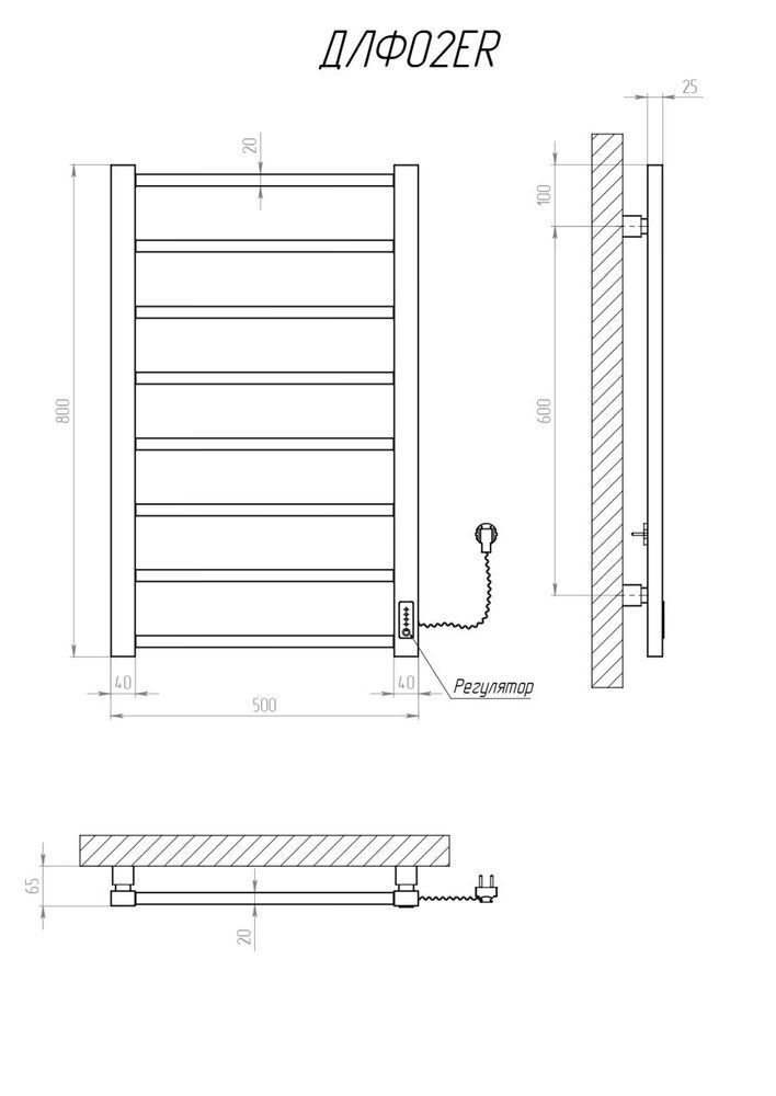 Рушникосушка електрична KOSSER Лофт 800х500/8 ER тайм. чорний
