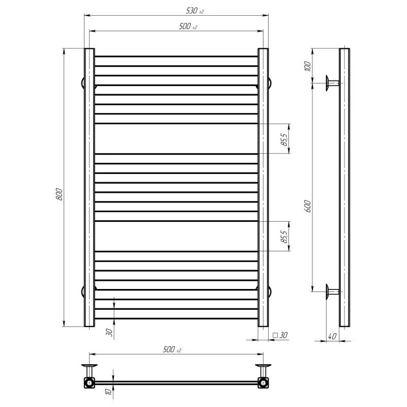 Рушникосушка електрична Magnus П12 500x800 Deffi нержавіюча сталь права, чорна