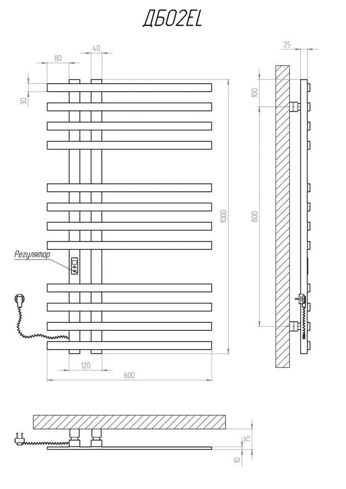Рушникосушка електрична KOSSER Браш 1000х600/12 EL тайм. чорний