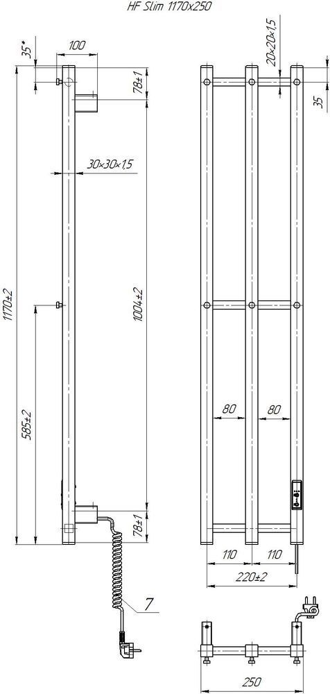 Рушникосушка електрична HF Slim 1170х250 чорний мат